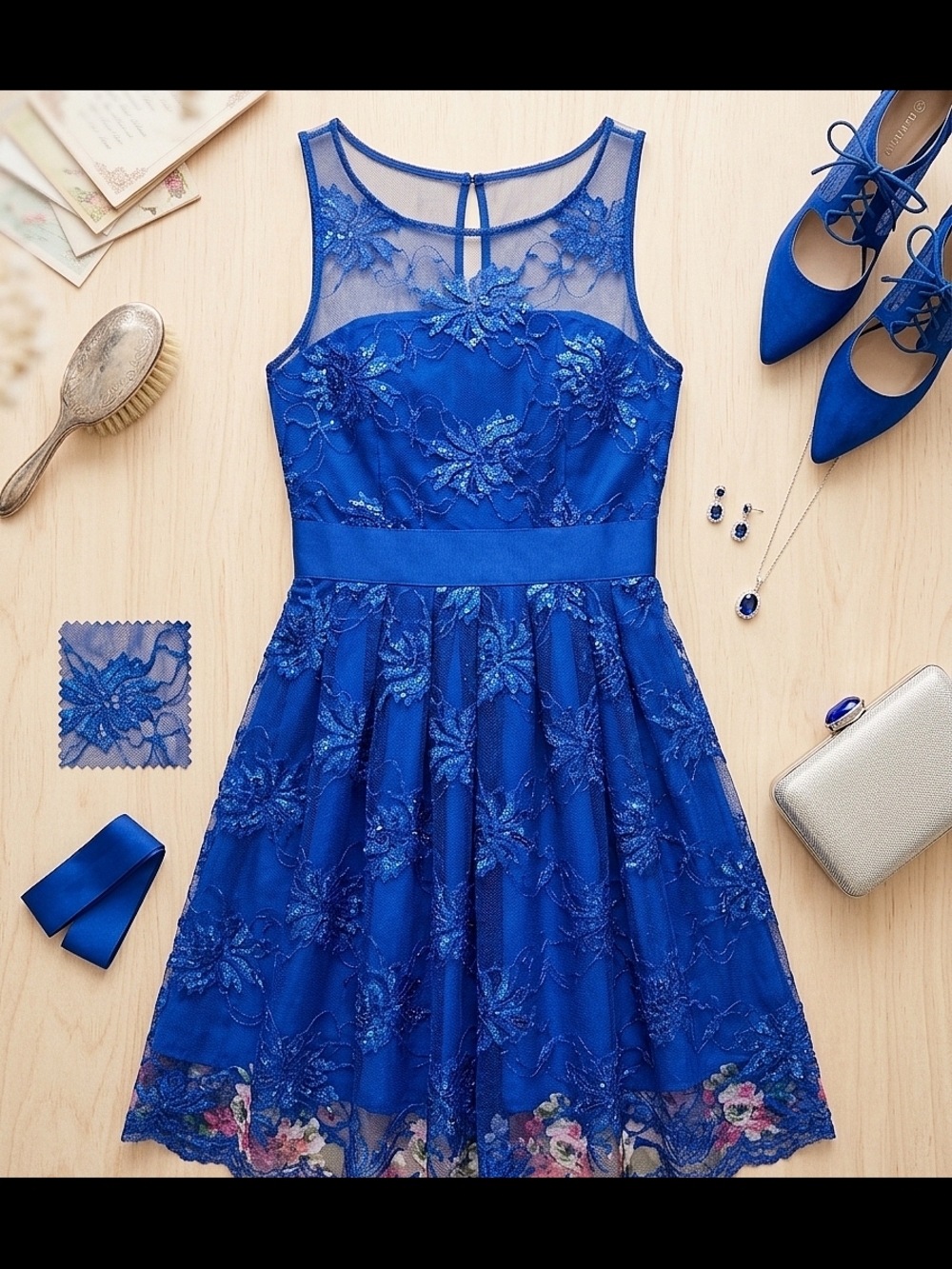 Royal Blue Cocktail Party Formal Dance Bridesmaid Dress w/ Sheer Lace Size 6